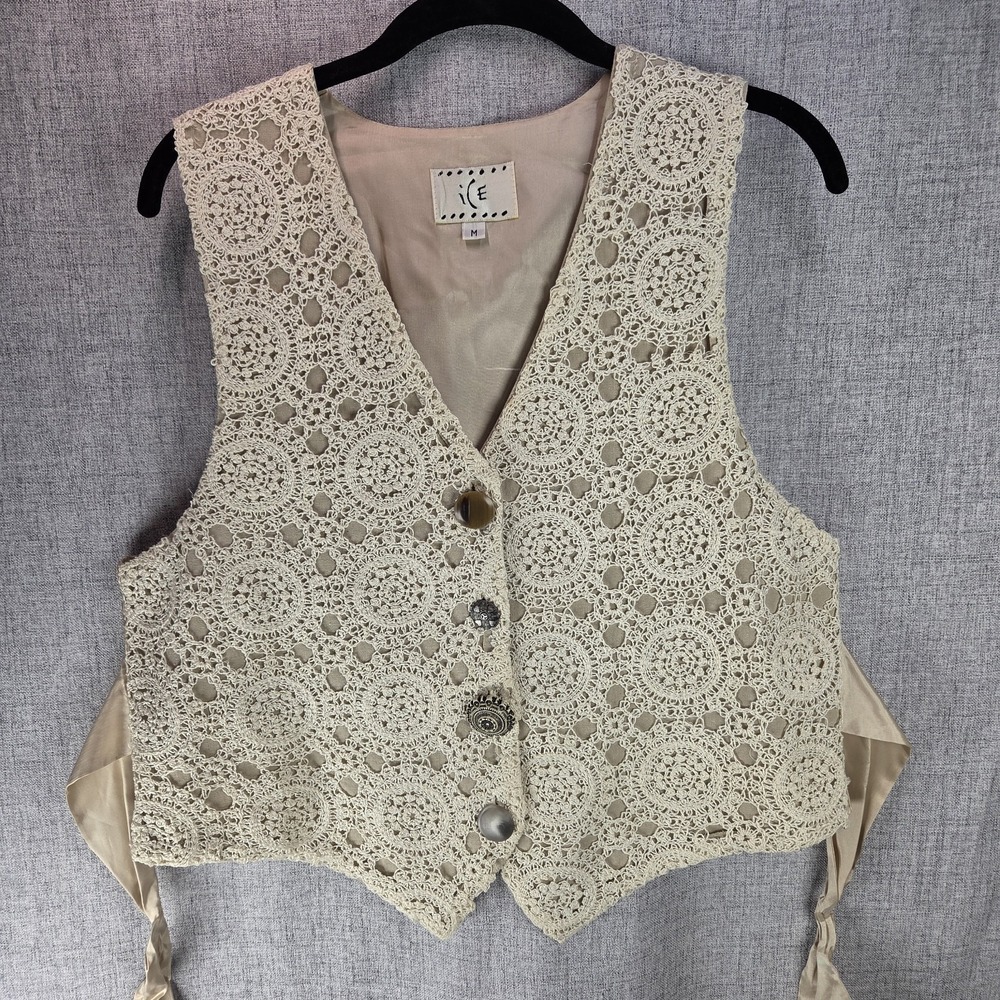 VTG 90s i.e. Crochet Lace Floral Vest Cream Boho Y2K Medium Cottagecore Prairie